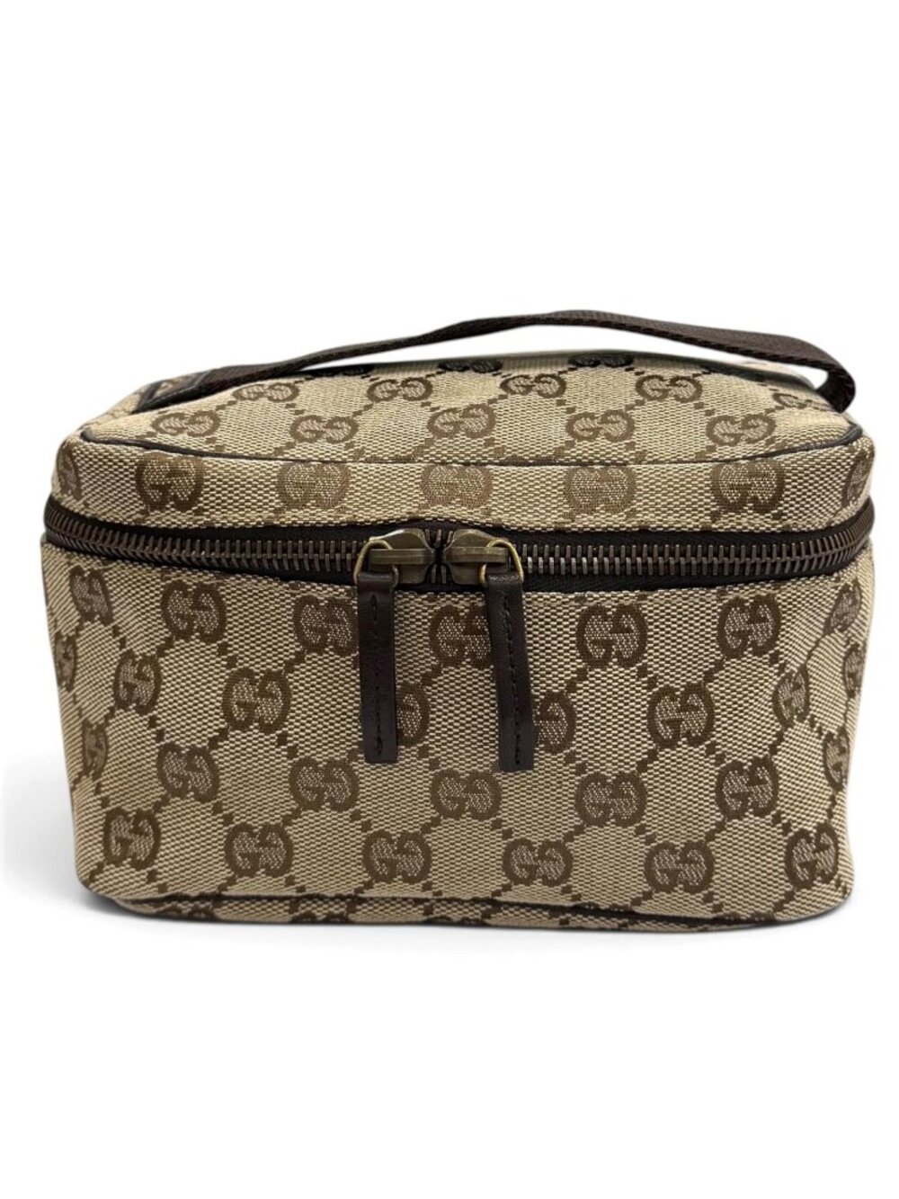 Gucci Vintage GG Canvas Leather Vanity Makeup Pouch Beige Brown